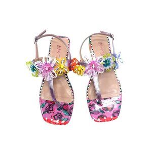 Betsey Johnson Women Floral Print Beaded Sandals Block Heel 6.5 NWOB